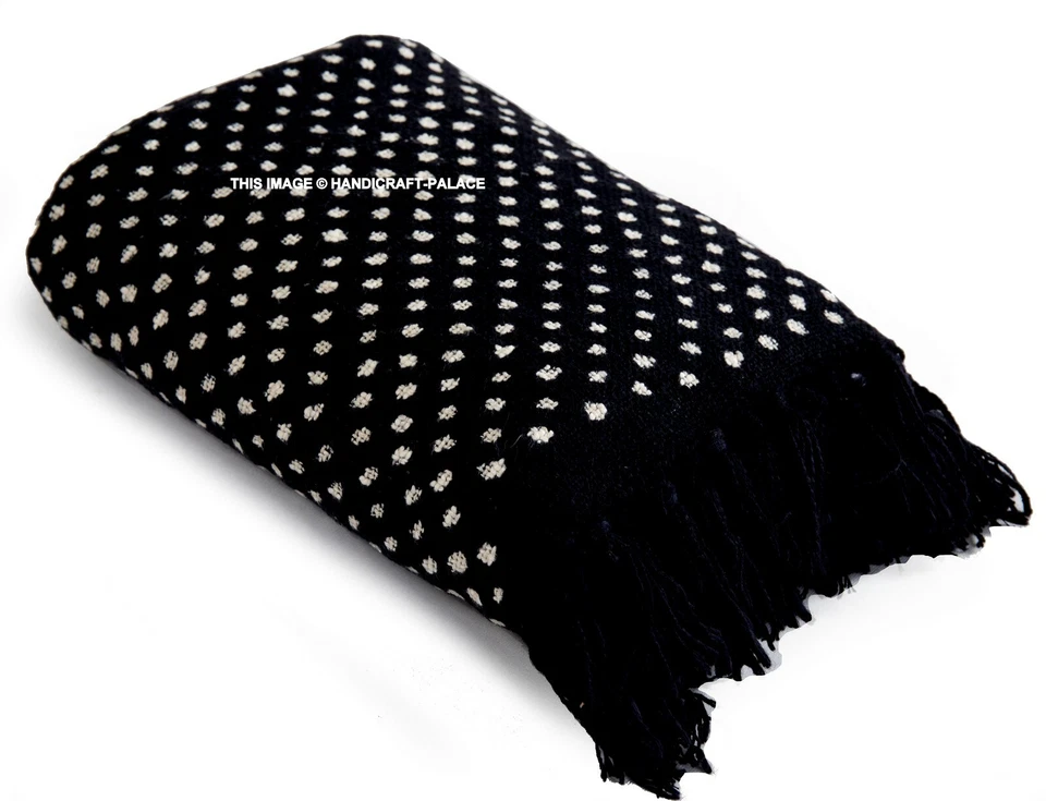Manta de sofá estilo boho negra telar manual tela de barro estampado de bloques Foto 2 de 3