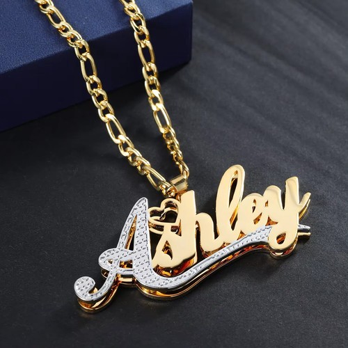 Custom 3D Name Necklace Figaro Chain Heart Pendant Stainless Steel Jewelry Women - Picture 5 of 6