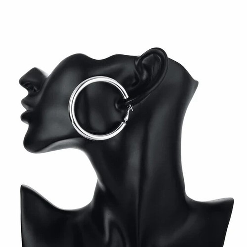 925 Sterling Silver 50mm Diameter Polished Hollow Hoop Earrings - Picture 2 of 4