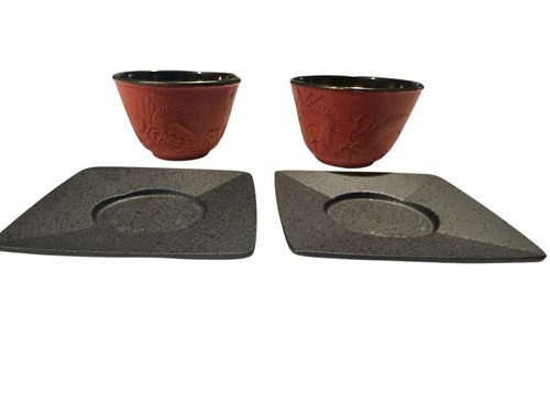Teavoni Hierro Fundido Esmalte Forrado Tazas de Té Platillos Japón Lote de 4 - Imagen 6 de 7