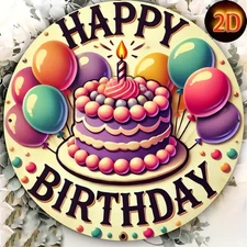 1PC Vintage-Style 8 Round Aluminum Birthday Sign with Colorful Balloons & Cake D