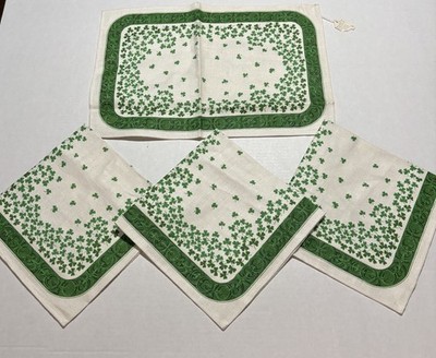 Vintage Tara Irish Linen Placemats Set of 4 Green Shamrock Celtic Border