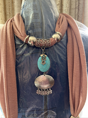 Pendant Necklace Tan Scarf Silver Tone Metal Accent Faux Turquoise Clover Charms