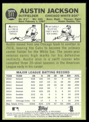 Topps Heritage #511 2016 Austin Jackson - Imagen 2 de 2