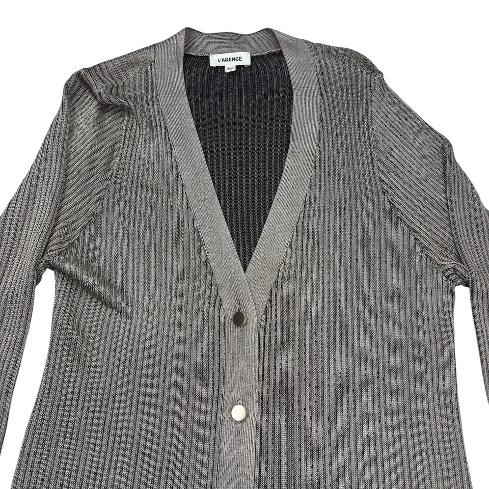 L’Agence Cardigan Sweater Womens Size XL Gray Metallic Ribbed Long Sleeve - Image 4 of 4
