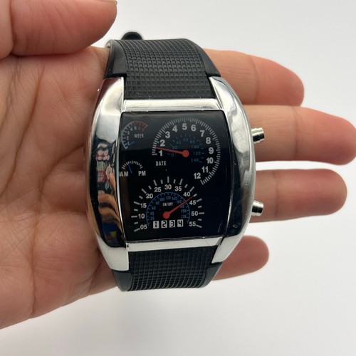 Orologio Uomo Blu Binario LED Dot Matrix Data Gomma Nera 43mm Moda Sport - Foto 4 di 8
