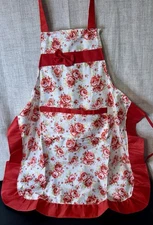 Red Rose Floral Apron Kitchen Pocket BBQ Baking Crafting Gardening New