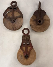 Lot Of 3 Vintage Cast Iron & Wood Barn Pulleys, Block & Tackle