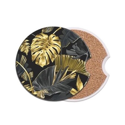 2 Pcs Car Cup Coasters, Absorbent Ceramic Coasters Black () Golden Leaf