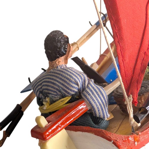 Modellino Barca a Vela in Legno - Un colorato rosso bianco e blu con 1 vela triangolare - Foto 4 di 13