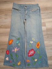 Vintage 70s Denim Bell Bottom Custom Embroidered Flare Hippy 32x28.5 RARE Floral
