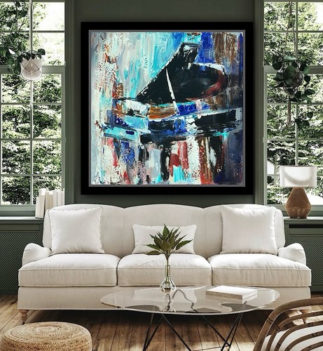 Framed Textured Original Abstract Oil Painting On Canvas 55x55cm Grand Piano - Picture 23 of 24