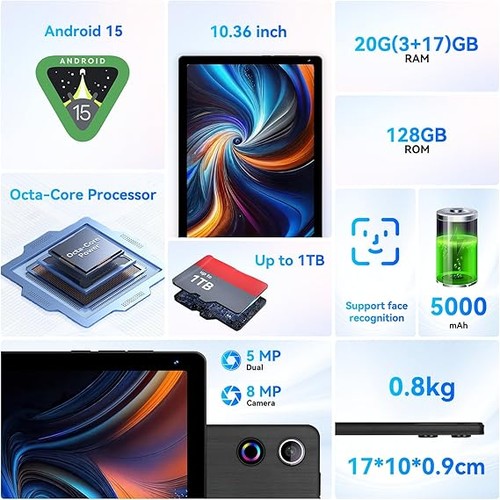 Tablet, 10.36 Inch Android 14 Tablets, 16GB RAM+128GB ROM (TF 1TB) Octa-Core - Picture 2 of 8