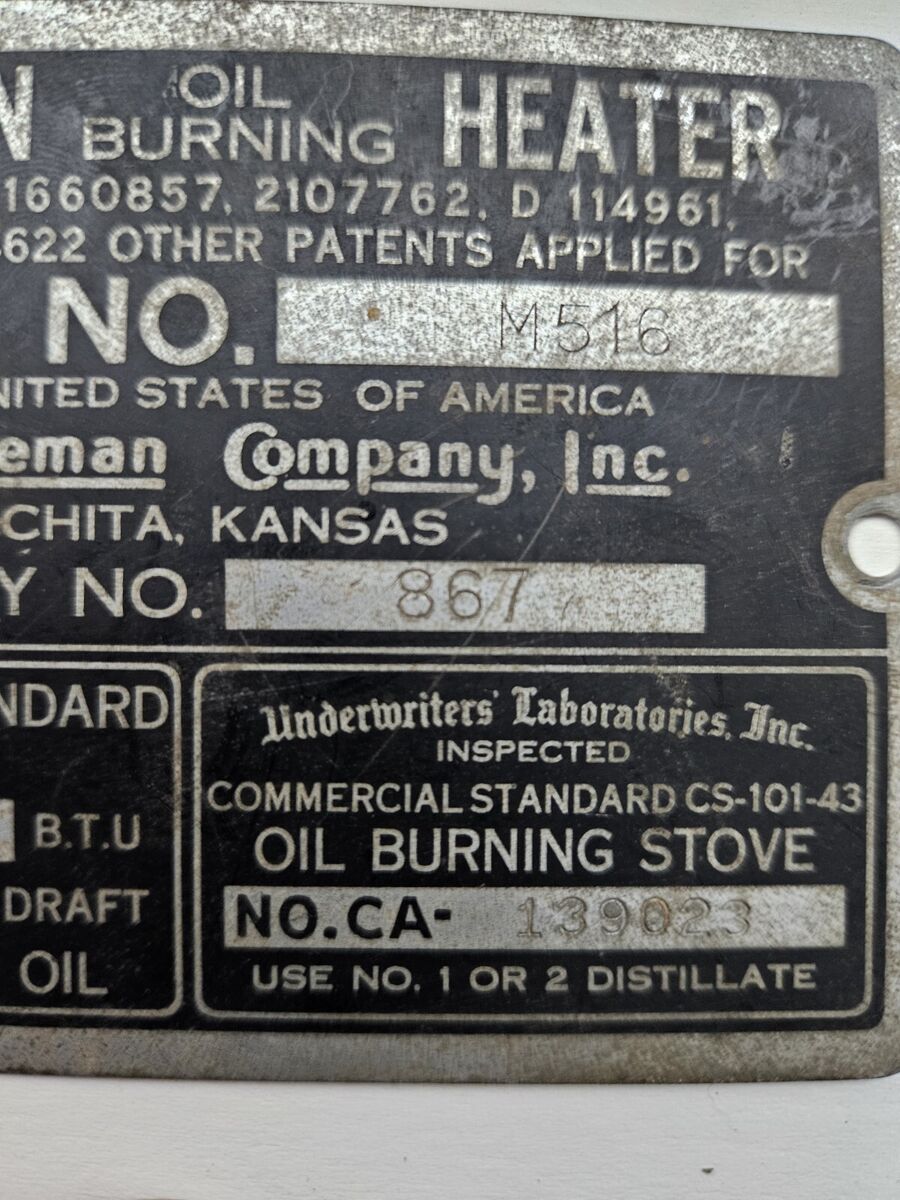 Vintage Coleman Oil Burning Heater Metal Model Tag and Brass Badge