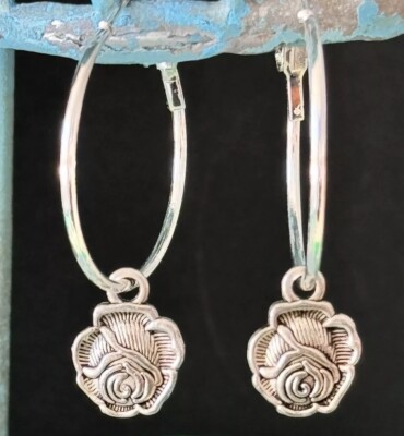Etched Silver Rose Charm Lever Back Hoops Dangle  Bloom