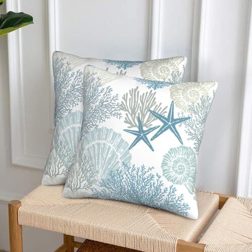 Nautical Coastal Throw Pillow Covers 20x20 Set of 2, Beach Themed Ocean 