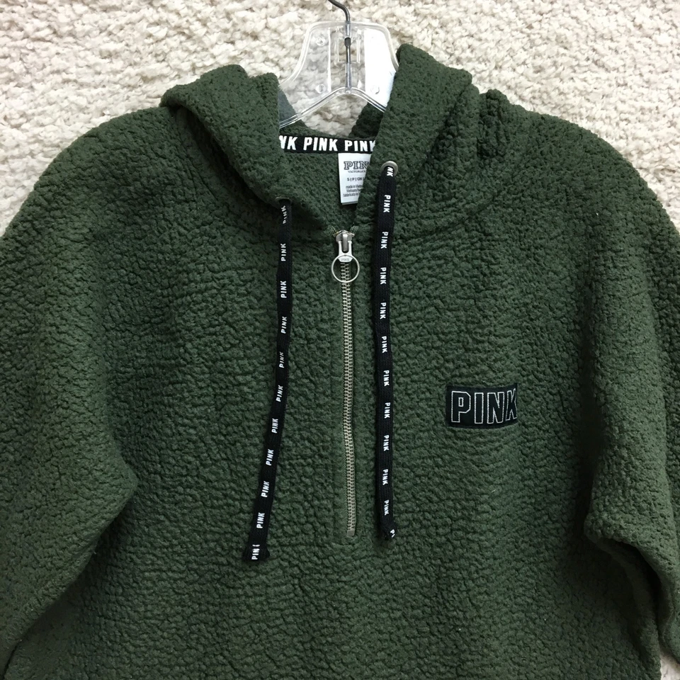 Suéter ROSA Victoria Secret Pequeño Adulto Verde Sudadera con Capucha Vellón 1/4 Cremallera Para Mujer S Foto 2 de 4
