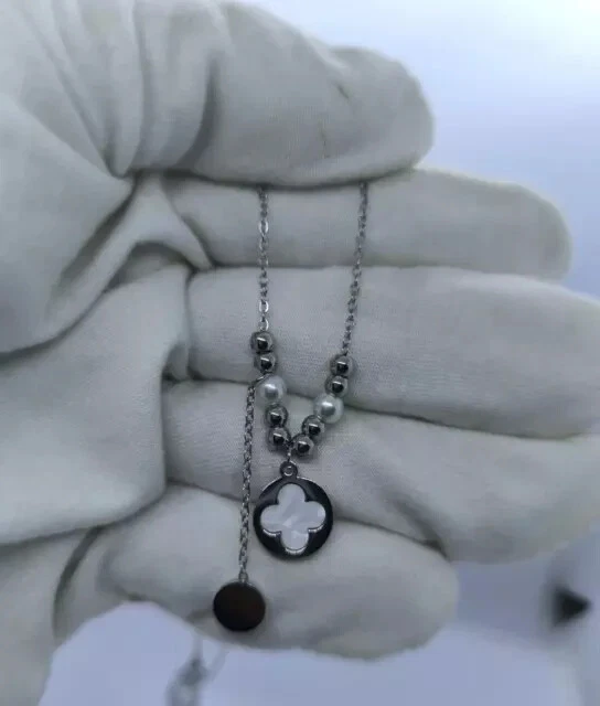 "Regalo para ella Collar Colgante Madreperla Forma Trébol Redondo Titanio Todavía Foto 3 de 4