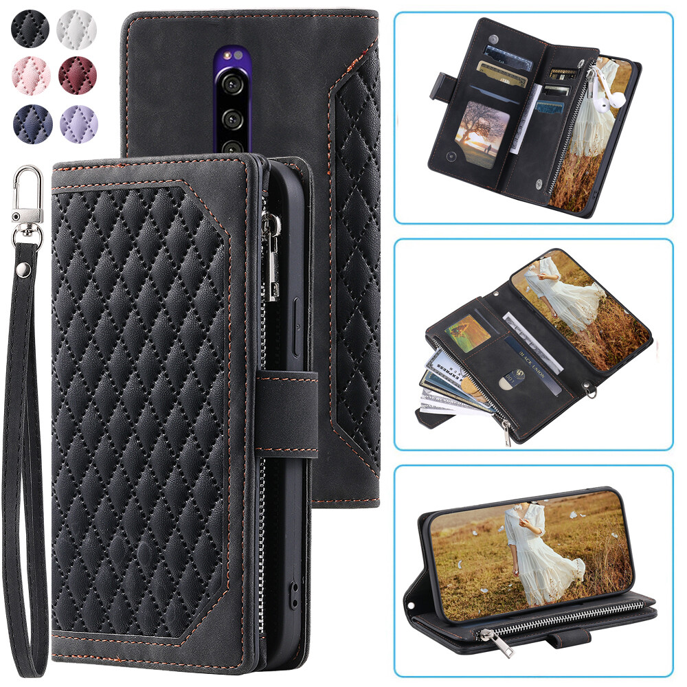 Rhombic Wallet Case,Luxury Leather Zipper Flip Card Case For Sony