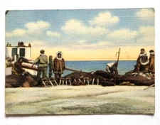 Eskimos Good Hunting, A Walrus Kill, Alaska Art Card Lithograph Vintage 