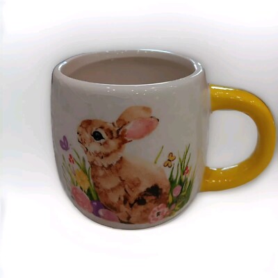 Coffee Tea Mug Cup Vintage Bunny With Butterflies White With Yellow Handle