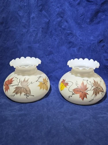 PAIR Of Vintage Milk Glass Hurricane Lamp Shades Hand Painted Autumn Leaves