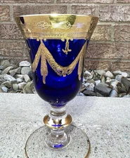 Interglass Crystal Cobalt Blue Wine/Goblet 24 Kt Gold Trim 6" tall Italy