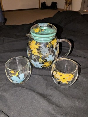 Cypress Refresh Glass Teapot Infuser 2 Double Wall Cups HandPainted New No Box