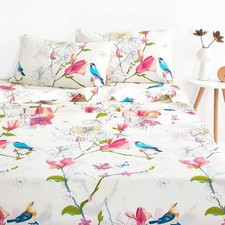 - Floral Bed Sheets, 100 Cotton, 4-Piece Sheet Set, Bird Patterned Printed B...