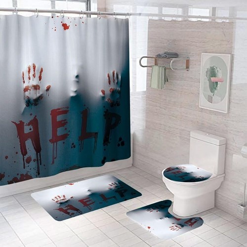 Help Shower Curtain Bathroom Rug Set Bath Mat Non-Slip Toilet Lid Cover