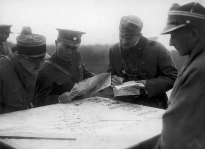 Chinese Hungarian Polish Military Attache Studying Operations Map - Old Photo