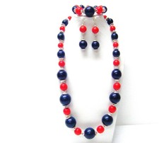 Round Dark Blue w/Round Red Wood Bead Necklace/Bracelet/Earrings Set