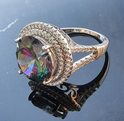 925 STERLINGSILBER RING REGENBOGENFARBEN MYSTISCHER TOPAS HALO GRÖSSE 9,25
