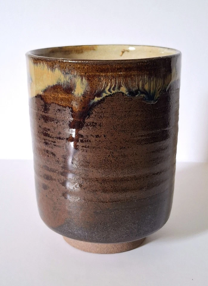 Japanese Studio Pottery Yunomi Tea Cup Earth Tone Drip Glaze Stoneware - Image 1 of 4