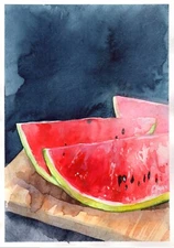 Watercolor Still Life Painting Original Watermelon Kitchen Wall Art
