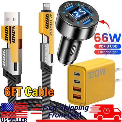 120W Fast Type C Wall Charger &Car Charger,6FT 4 in 1 Cable For Samsung