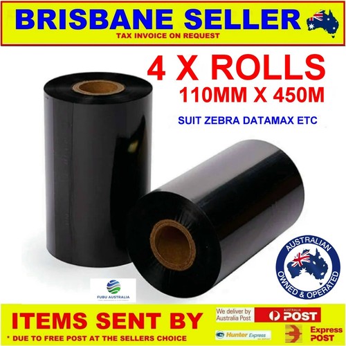 4 x THERMAL PRINTER RIBBON TRANSFER INK 110MM X 450M 25MM CORE ZEBRA ...