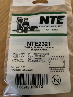 TWO (2) NTE2321, quad NPN general purpose amp, 13 pins PDIP in original sealed