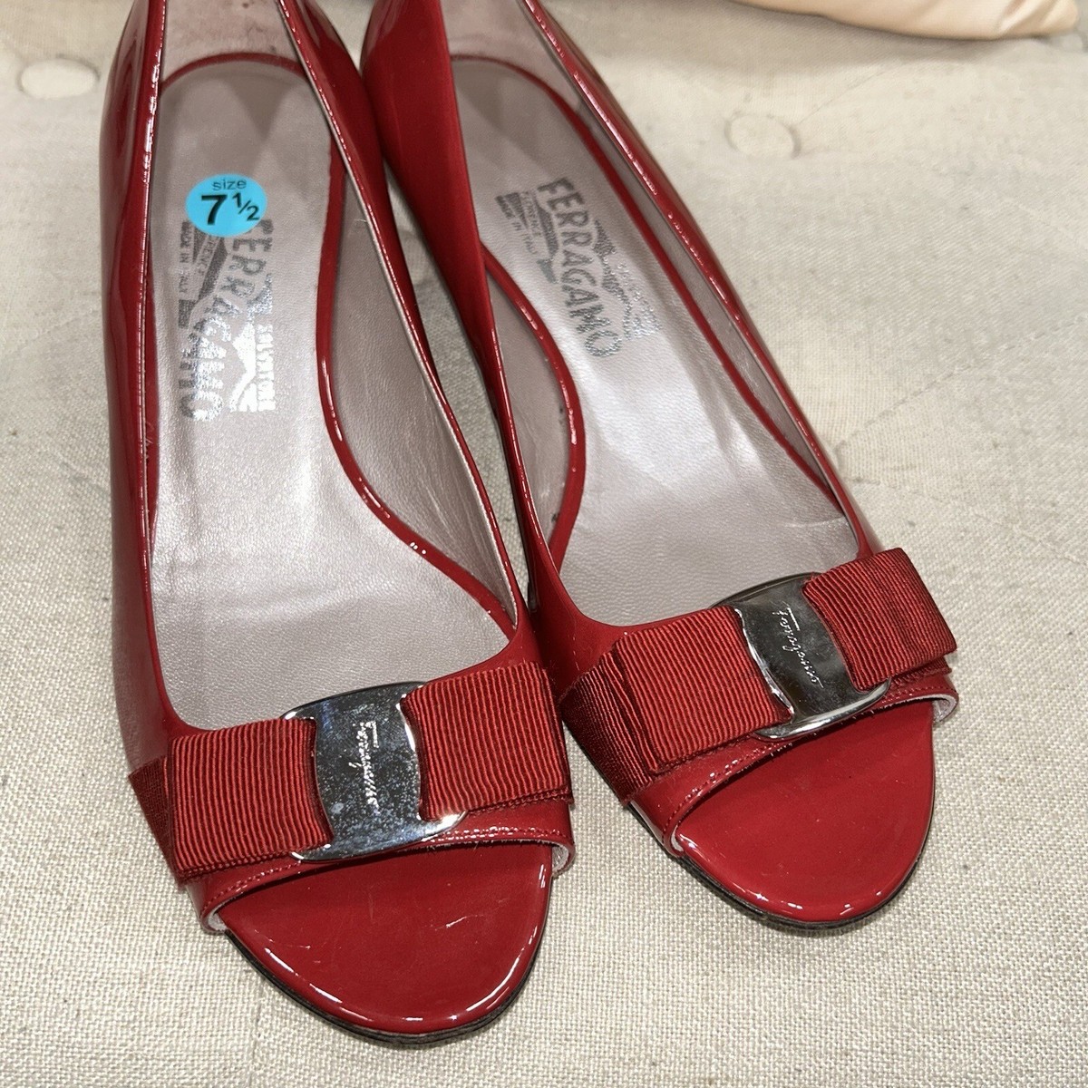 Salvatore Ferragamo Hot Red Patente Leather Peep Toe Low