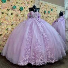 Lilac Tulle Quinceanera Dresses Ball Gown Lace Applique Off Shoulder Sweet 16