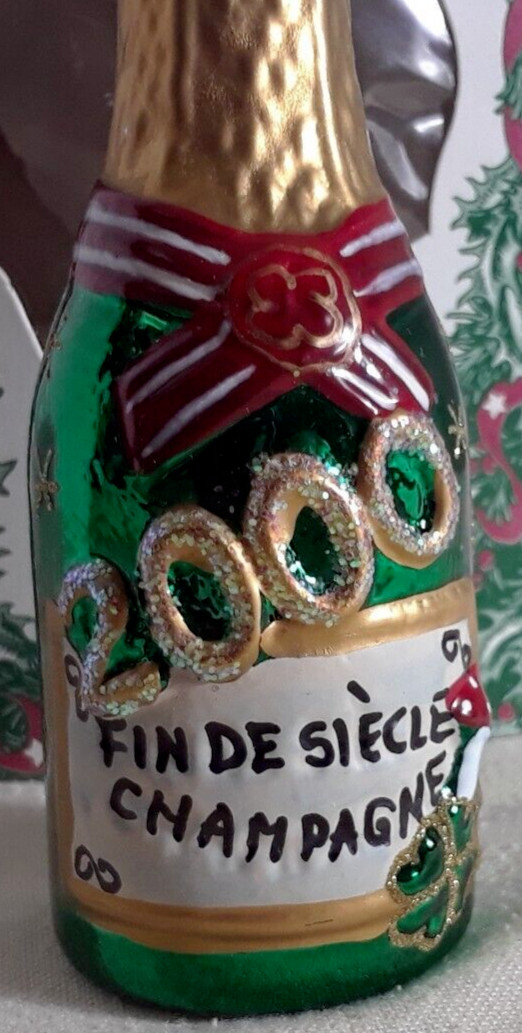 Merck Family’s Old World Christmas Ornament 2000 Champagne Bottle 5" Blown Glass