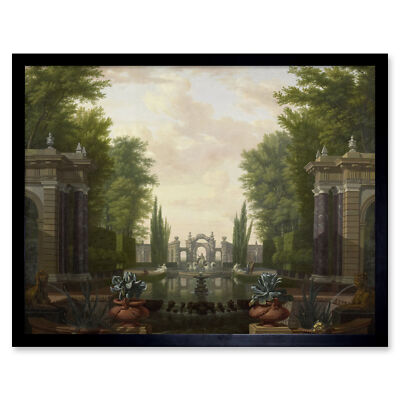De Moucheron Wasser Terrasse Statuen Brunnen Wandkunstdruck gerahmt 12x16