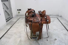 Leather  Western Wade Saddle Tooled Carved Leather Horse Tack Bucking roll