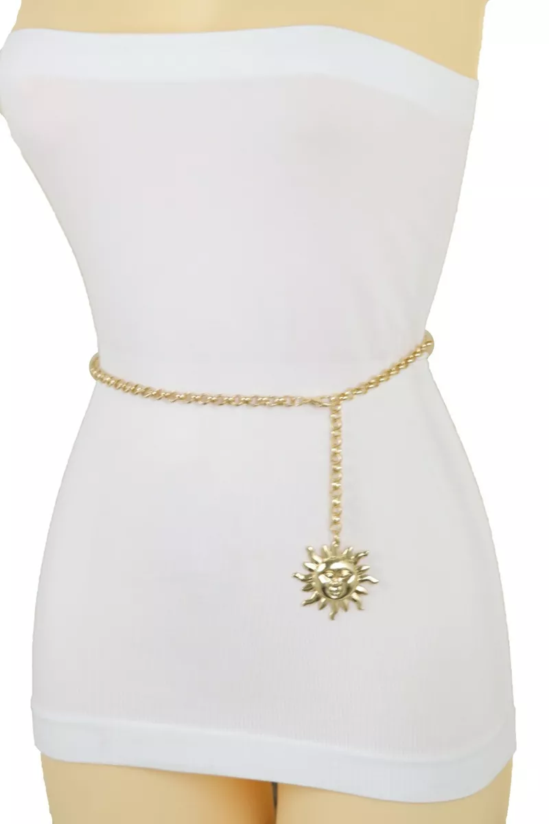 Women Gold Metal Chain Narrow Special Designer Belt Sun Charm Plus