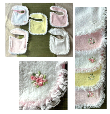 Baby Girl Bibs LACE PINK YELLOW Newborn Cotton Terry Cloth Lot 5 Piece Set USA