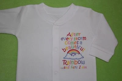 LESLEY ANN DESIGNS After a storm comes a beautiful rainbow here I am embroidered baby sleepsuit