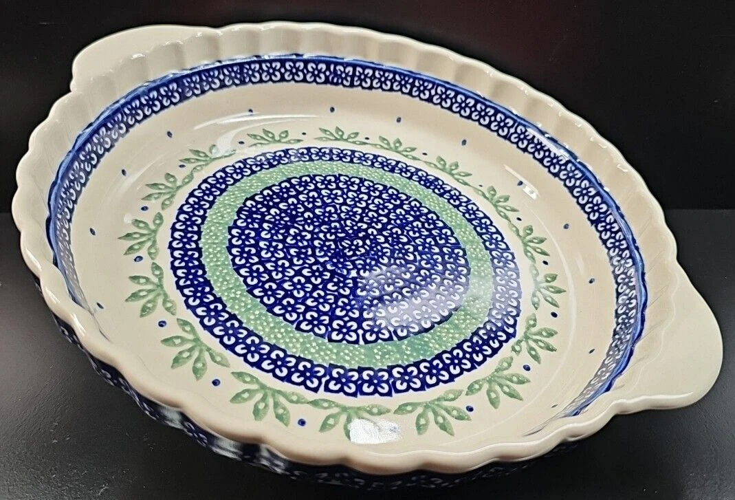 Boleslawiec Polish Pottery Pie Dish Handles Floral Blue Green Leaves Bake Quiche