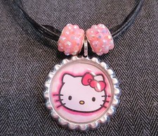 HELLO KITTY Cat Black Ribbon Bottle Cap Bling Charm Necklace Pink Beads Face Bow