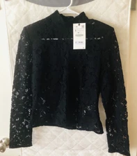 NWT ZARA BLACK SHOULDER PAD LACE TOP 4786/313
