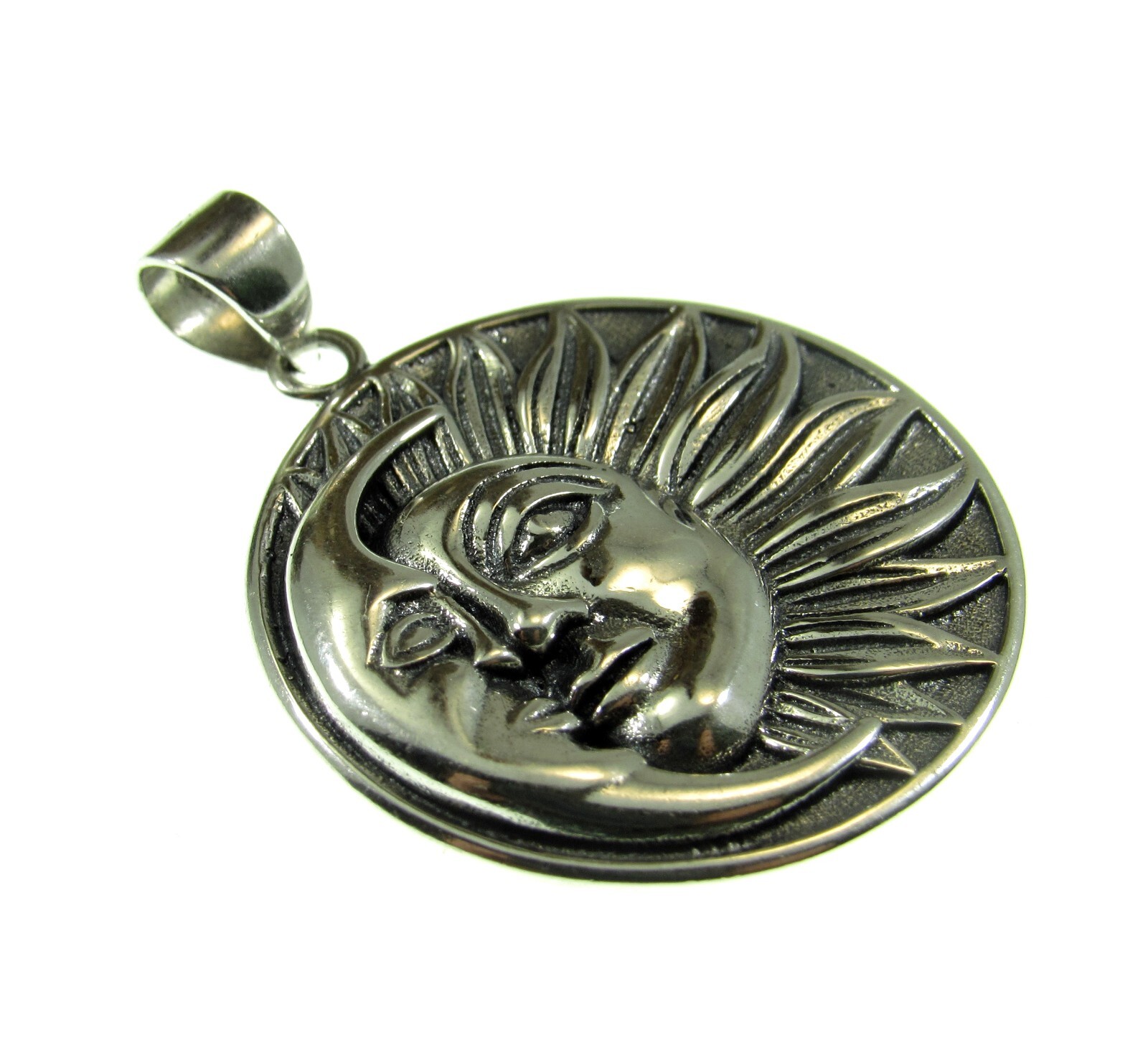Solid 925 Sterling Silver Moon & Sun Rays w/ Faces Pendant, Celestial ...